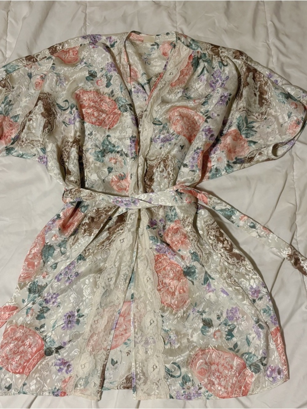 Vintage 90s Cream Floral Renaissance Pattern Satin Robe With Matching Belt